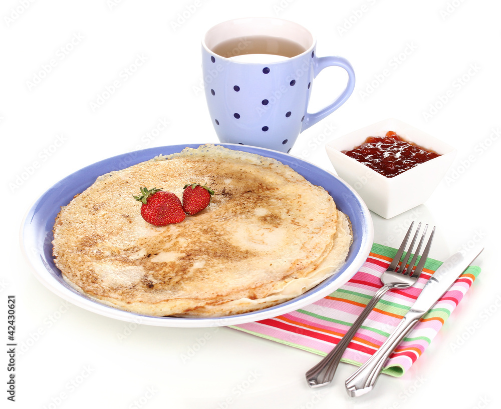 Stack of tasty pancakes isolated on white