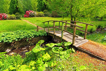 Poster - Old wooden bridge in a beautiful garden