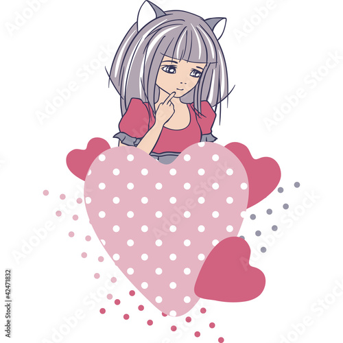 Plakat na zamówienie Manga style girls with hearts. Vector background.