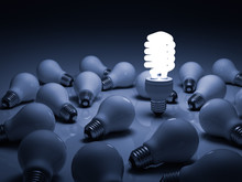 Lit Energy Saving Lightbulb Amongst Unlit Incandescent Bulbs
