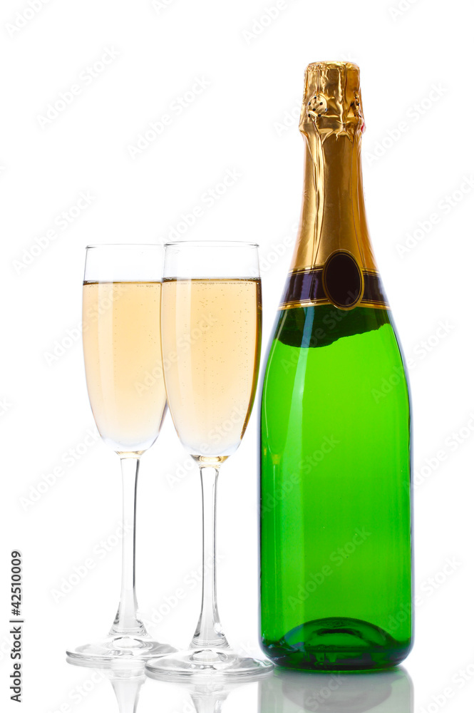 glasses and bottle of champagne isolated on a white
