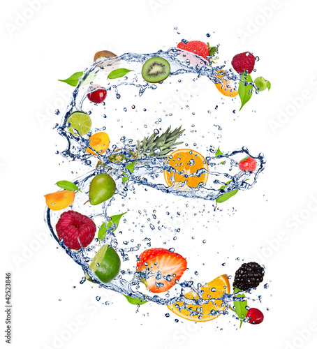 Fototapeta do kuchni Mix of fruit in water splash, isolated on white background