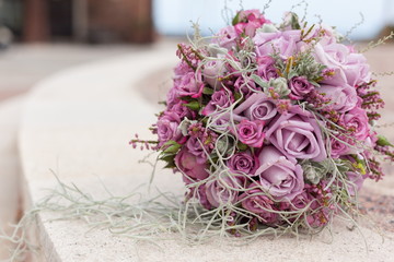 Bridal wedding bouquet of flowers on wedding day