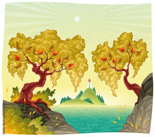 Kolekcje specjalne naklejek romanitc-krajobraz-na-morzu-ilustracji-wektorowych