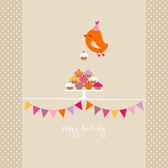 Canvas Print - Flying Orange Bird 10 Cupcakes Festoons Beige Dots