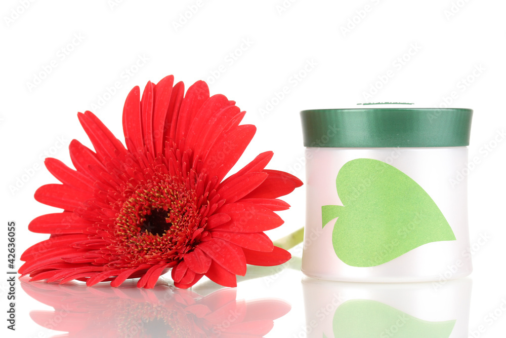 Jar of cream with flower isolated on white
