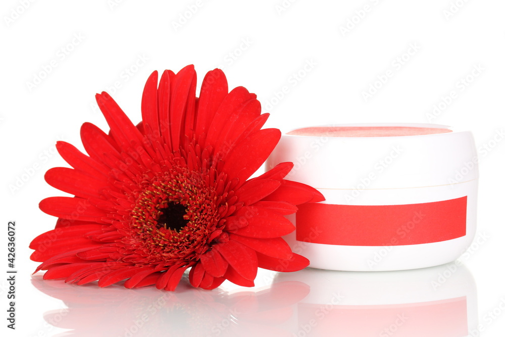 Jars of cream with flower isolated on white