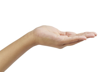 Empty hand palm showing something  isolated on white background.