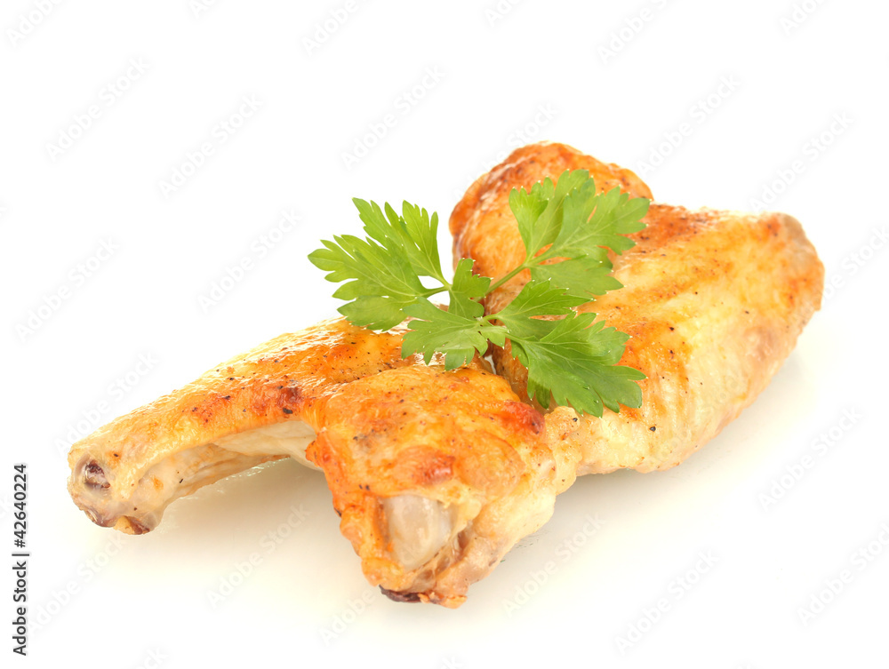 roasted chicken wings with parsley isolated on white