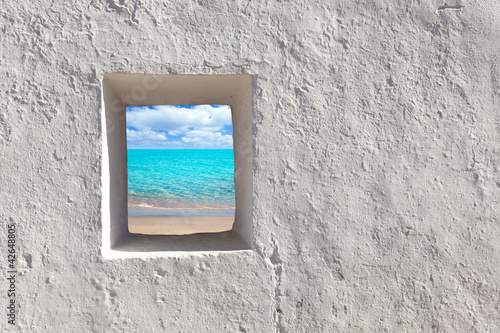 Naklejka - mata magnetyczna na lodówkę Balearic islands idyllic turquoise beach from house window