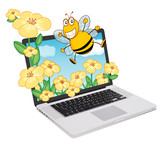 Fototapeta Dinusie - laptop and bee, flowers