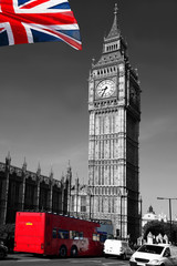 Fototapete - Big Ben with red city bus in London, UK