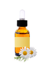 Bottle With Essence Oil And Chamomile Flowers Isolated On White