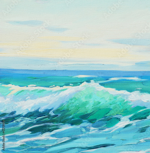 Obraz w ramie morning on mediterranean sea, wave, illustration, painting by o