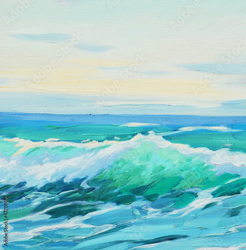 Fototapeta do kuchni morning on mediterranean sea, wave, illustration, painting by o