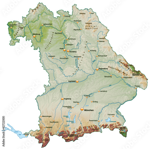 Board z aluminiowym obramowaniem Mapa Bawarii z hillshade