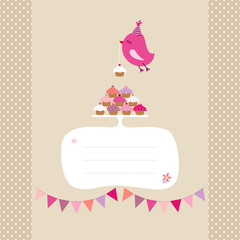 Canvas Print - Flying Pink Bird 10 Cupcakes Buntings Speech Bubble Beige Dots