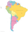 South America political map with single states, capitals and national borders. Illustration with English labeling and scaling. Vector.