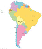 Fototapeta Mapy - South America political map with single states, capitals and national borders. Illustration with English labeling and scaling. Vector.