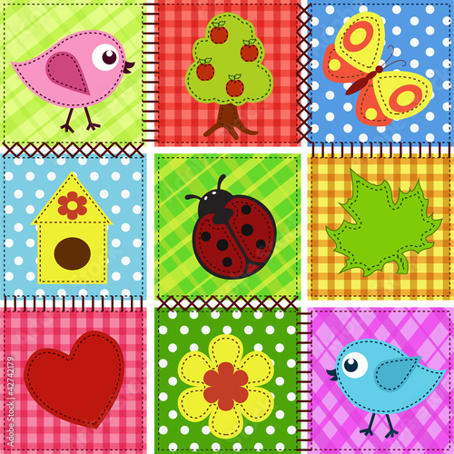 Tapeta ścienna Patchwork z ptakami i birdhouses. 