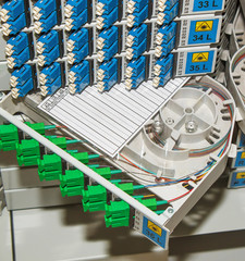 fiber optic rack with high density of blue and green sc connecto