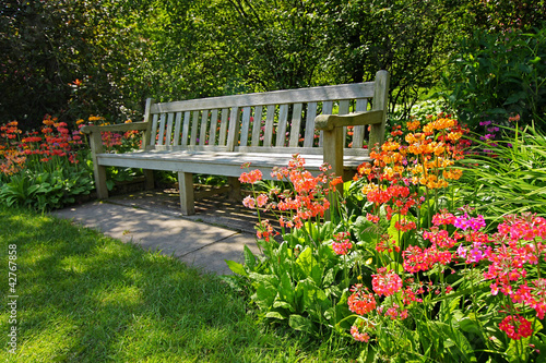 Fototapeta na wymiar Wooden bench and bright blooming flowers