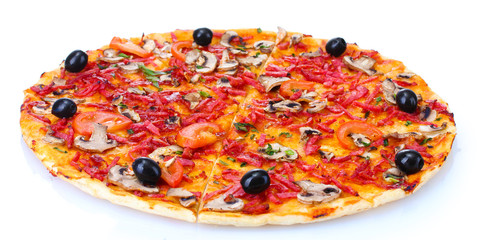 Wall Mural - delicious pizza with vegetables and  salami isolated on white.