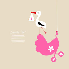 Wall Mural - Stork With Baby Girl On Hanging Pink Buggy Beige