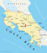 Costa Rica political map with capital San José, national borders, most important cities, rivers and lakes. Illustration with English labeling and scaling. Vector.