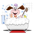 A cartoon dog having a bath