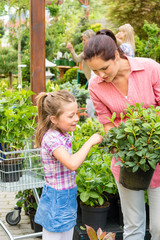 Mother daughter choosing flowers in garden shop