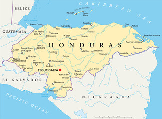  Honduras political map with capital Tegucigalpa, with national borders, most important cities, rivers and lakes. Illustration with English labeling and scaling. Vector.