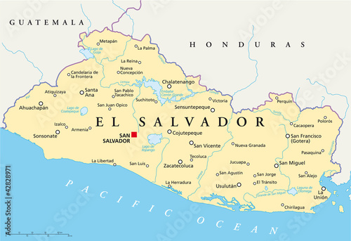 Board z aluminiowym obramowaniem Mapa polityczna salwadoru z San Salvador, granicami państwowymi, najważniejszymi miastami, rzekami i jeziorami. 