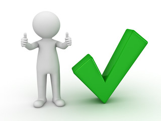 Fototapete - 3d man showing thumbs up with green check mark