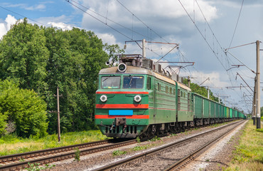 Poster - Freight train hauled by electric locomotive. Ukrainian railways