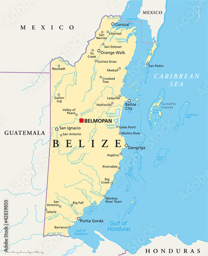 Board z aluminiowym obramowaniem Belize mapa polityczna z kapitałem belmopan, granicami państwowymi, najważniejszymi miastami, rzekami i jeziorami. 