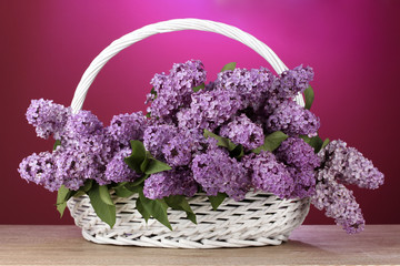 Poster - beautiful lilac flowers in basket on red background