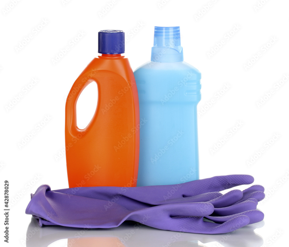 Detergent and gloves isolated on white