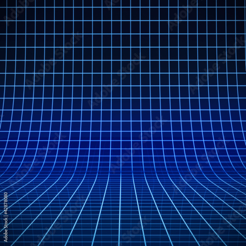 Fotografía Blau leuchtendes Gitter auf gebogener Bühne 3D