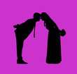 Groom and bride in purple background silhouette layered