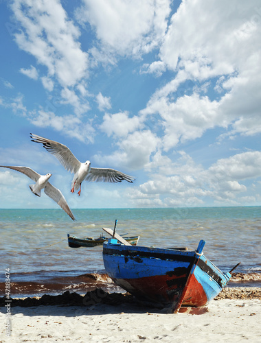 Fototapeta na wymiar Urlaubs-Erinnerung: Strand mit Fischerboot und Möwen