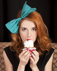 Poster - Redhead girl secretly eating cake.