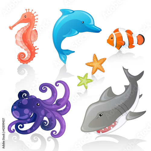 Fototapeta na wymiar Set of Vector Cartoon Sea Creatures