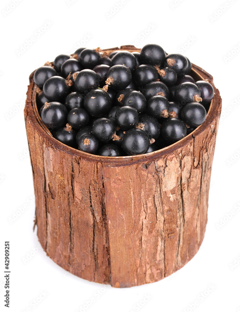Black currant in wooden cup isolated on white