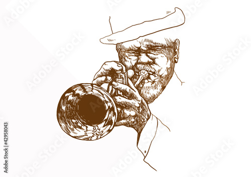 Naklejka na szafę jazz trumpet player, hand drawing converted to vector