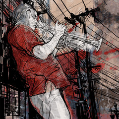 Wall Mural - trumpeter on a grunge cityscape background