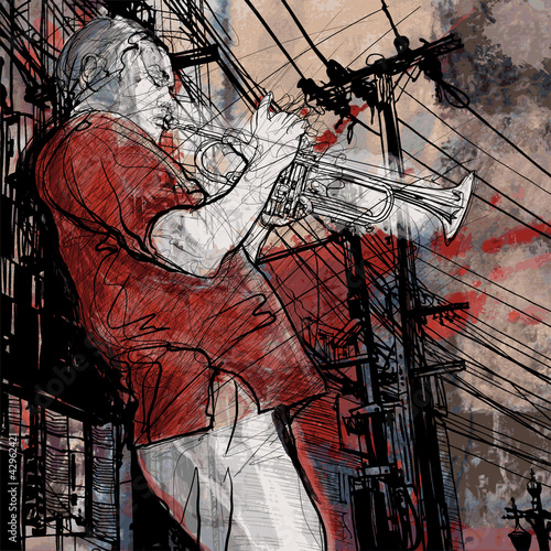 Naklejka - mata magnetyczna na lodówkę trumpeter on a grunge cityscape background