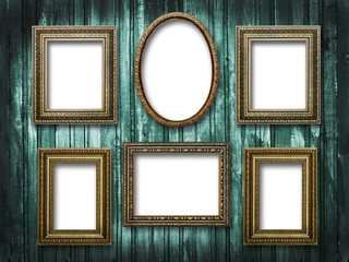 six picture frames on a wooden background grunge