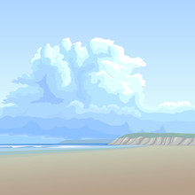Background With Big Cloud Over The Long Sandy Coast.
