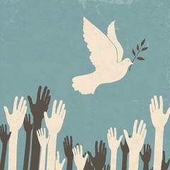 Wall Mural - group of hands and dove of peace. retro illustration, eps10